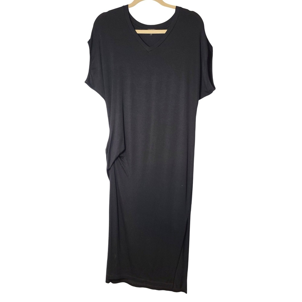 Sen Black Micro Modal V-Neck Side Drape Midi Dress Size 1=Small Minimal Neutral